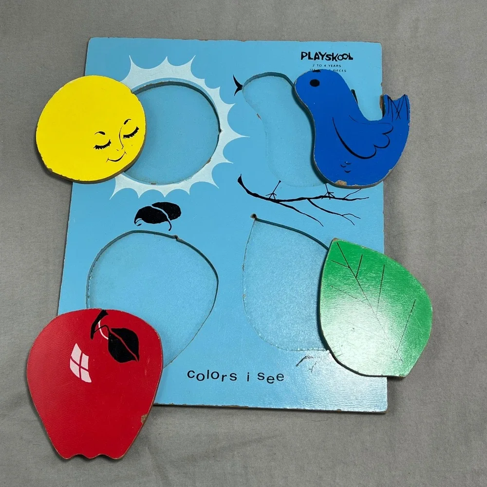 VTG Playskool Wooden Inlay Puzzles Set Nutty Squirrel Colors I See  70s Nursery